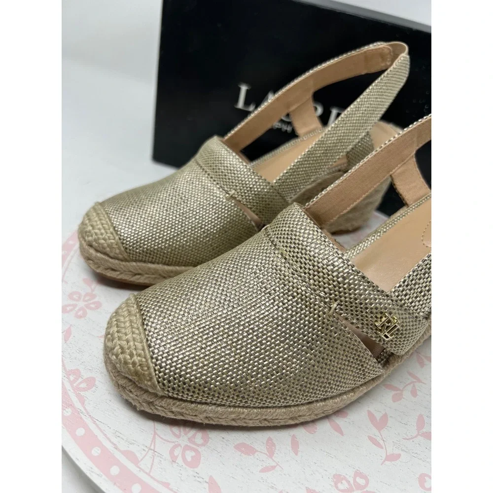 LAUREN Ralph Lauren Penelopie Espadrille Wedge Women 6 Silver Metallic Straw New